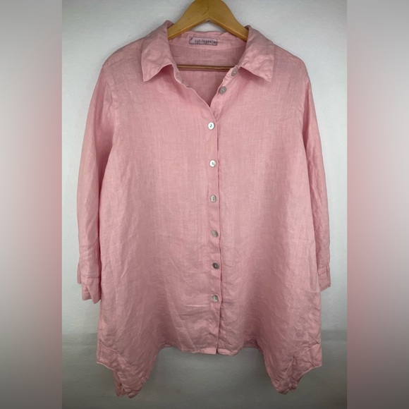 Cut Loose 100% Linen Pink Top Women’s L Button Up Blouse Uneven Hem Boxy - Picture 1 of 10